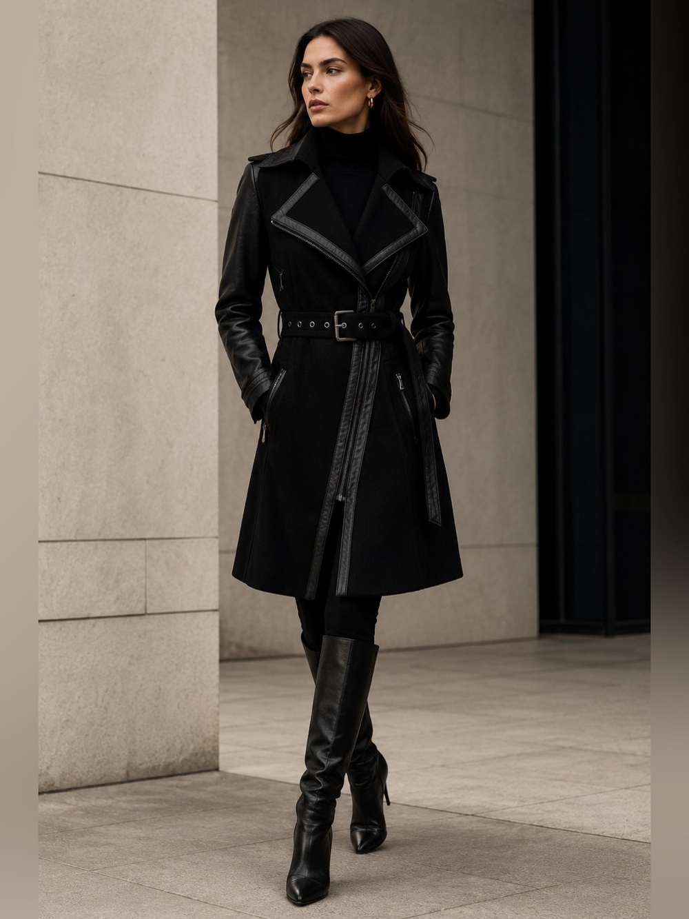 Andrew Marc Black Wool & Leather Moto Coat Belted Size 4